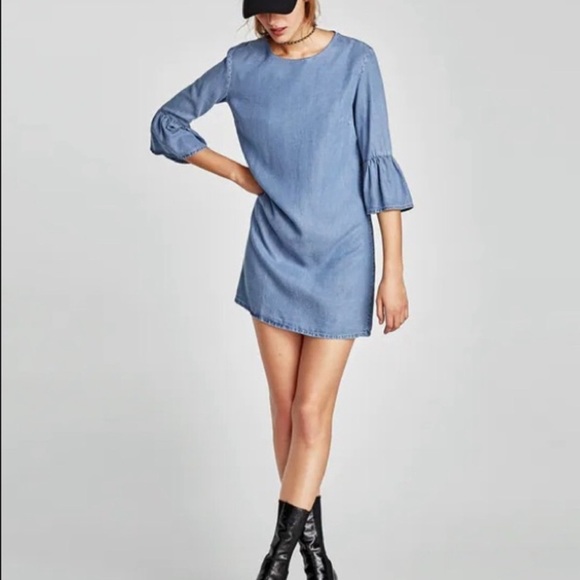 Zara Chambray Ruffle 3/4 Sleeve Light Denim Mini Dress Size M - Picture 11 of 12
